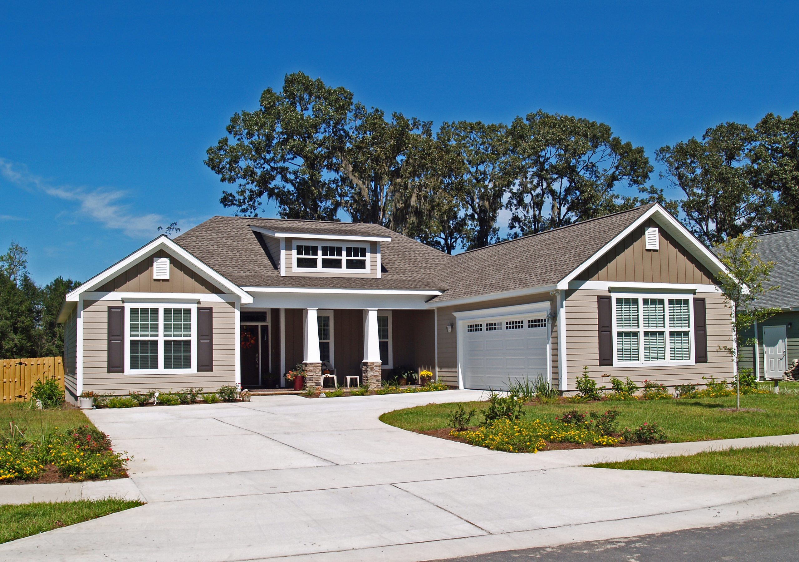 Modern bungalow with driveway and garden.